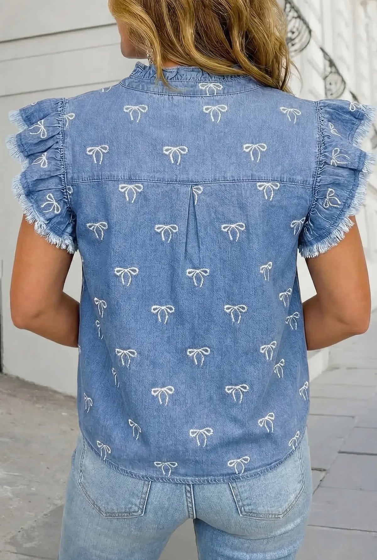 Bow Flutter Sleeve Denim Top