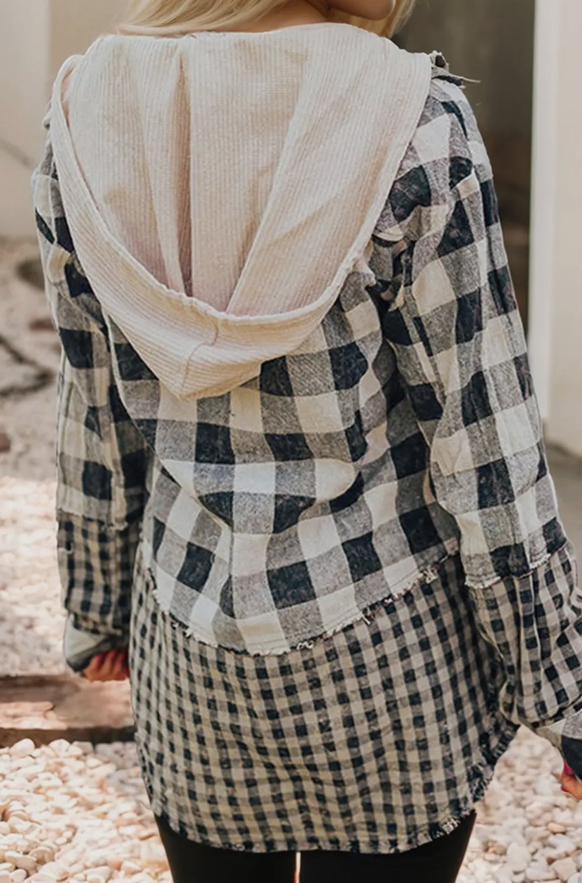 Double Plaid Patchwork Drawstring Hooded Jacket