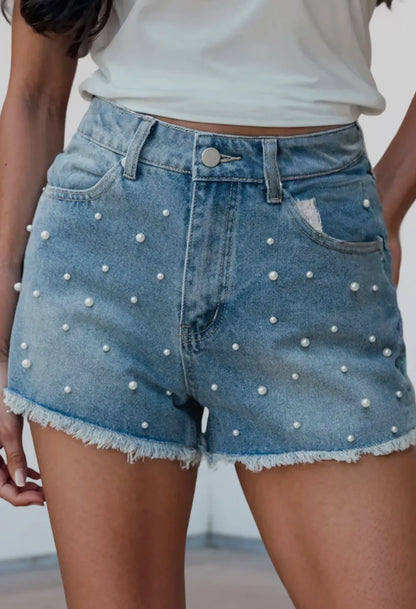 Pearl Beaded Raw Hem Medium Wash Denim Shorts
