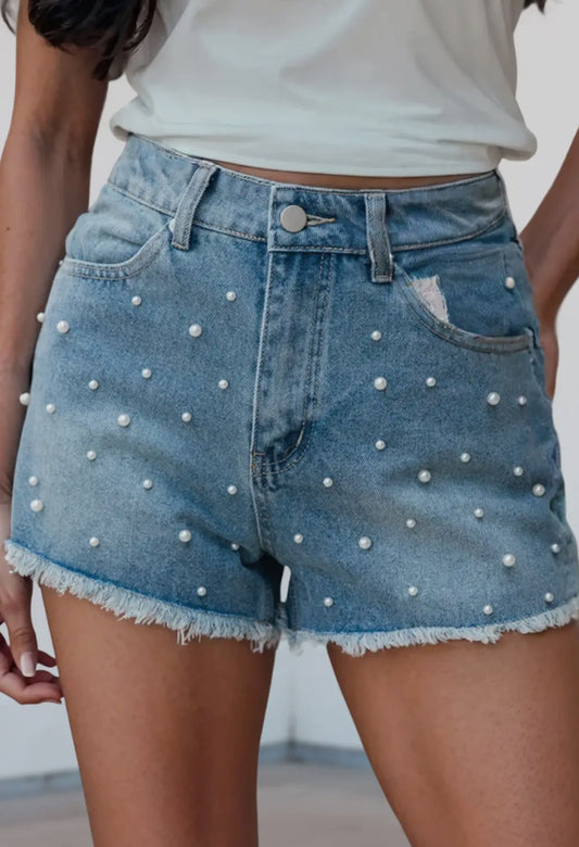 Pearl Beaded Raw Hem Medium Wash Denim Shorts