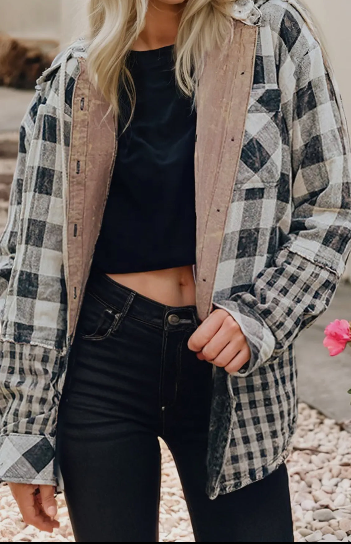 Double Plaid Patchwork Drawstring Hooded Jacket