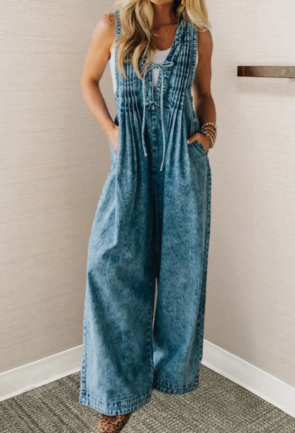 Acid Wash Tie Front Jumpsuit