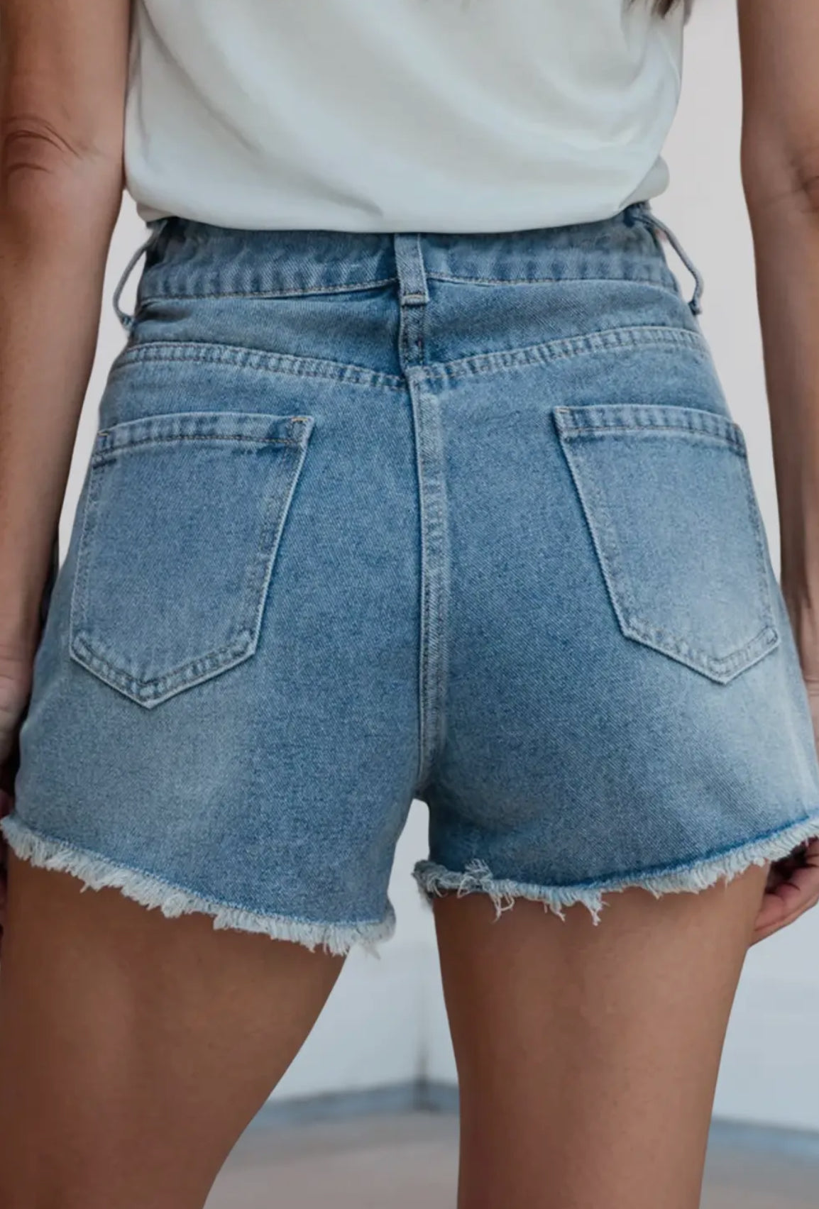 Pearl Beaded Raw Hem Medium Wash Denim Shorts