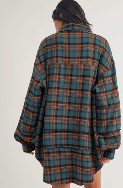 Side Split Distressed Plaid Button Up Top