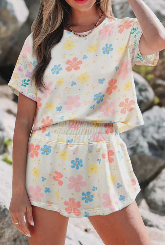 Floral Print High Waist Two Piece Skort Set