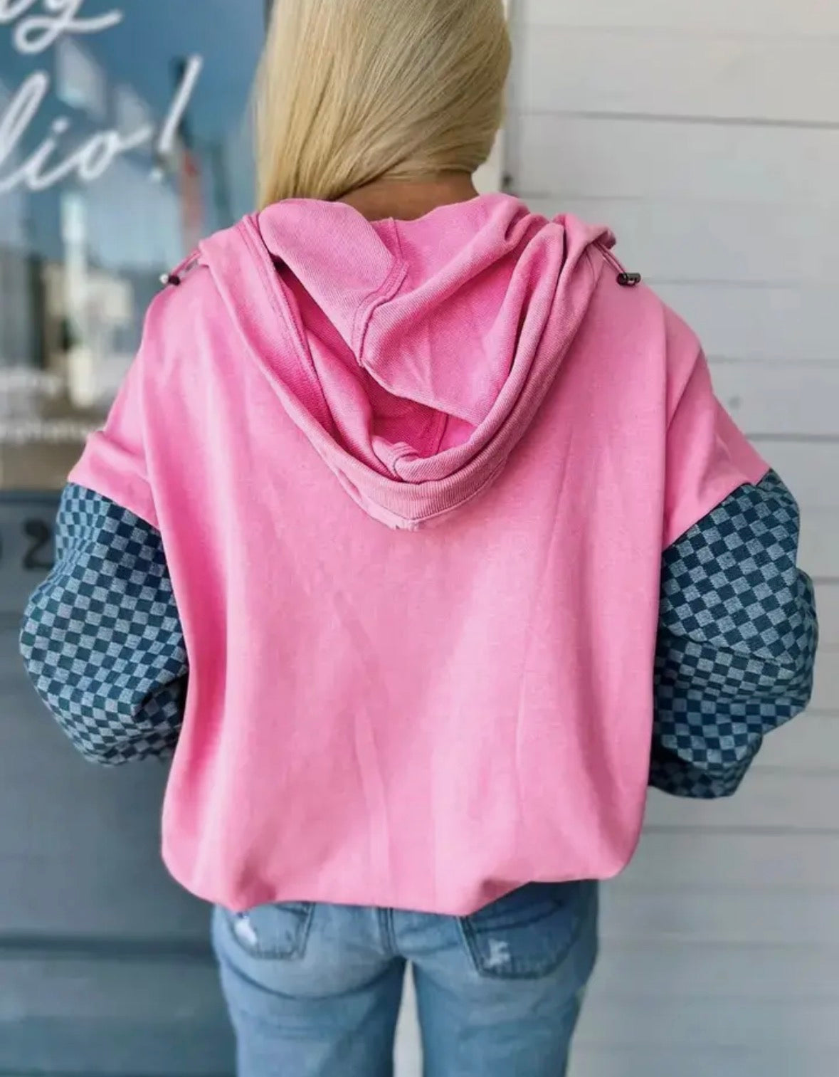 Checkered Patchwork Half Zip Kangaroo Pocket Hoodie