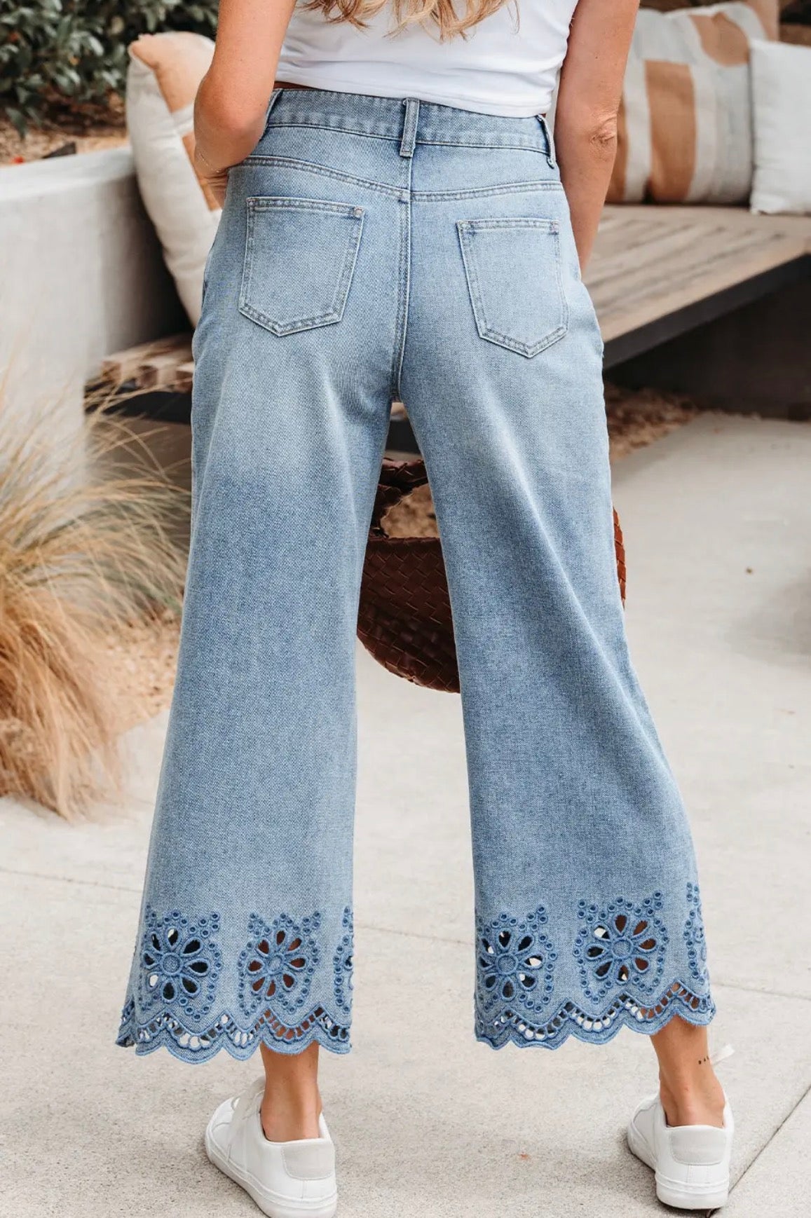 Embroidered Wide Leg Denim