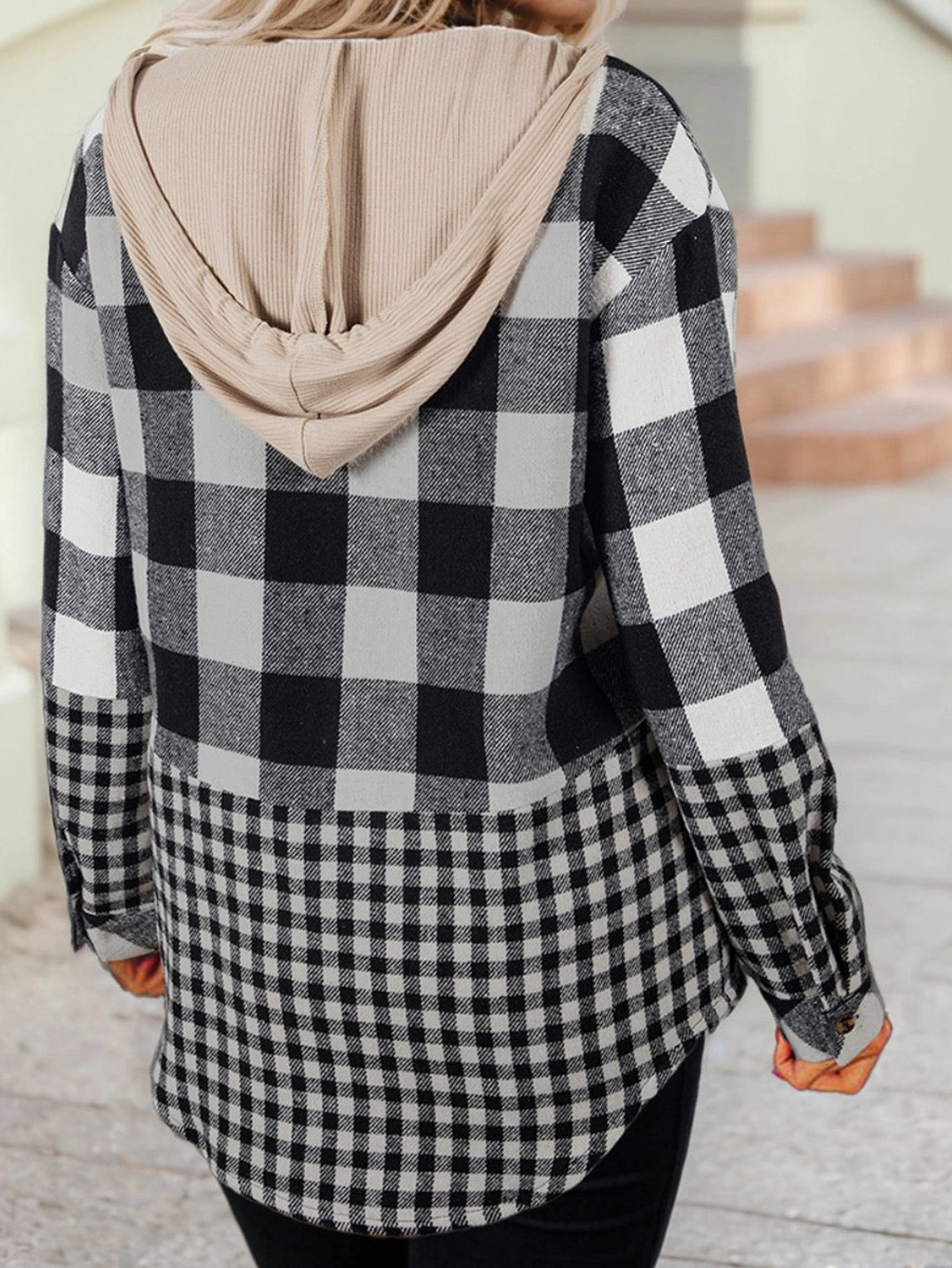 Double Plaid Patchwork Drawstring Hooded Jacket