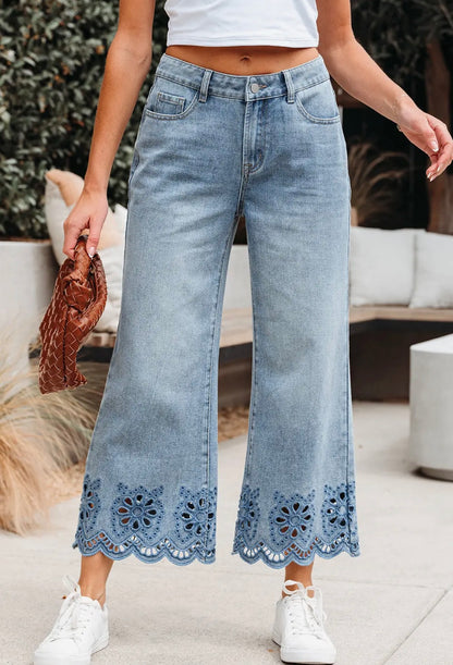 Embroidered Wide Leg Denim