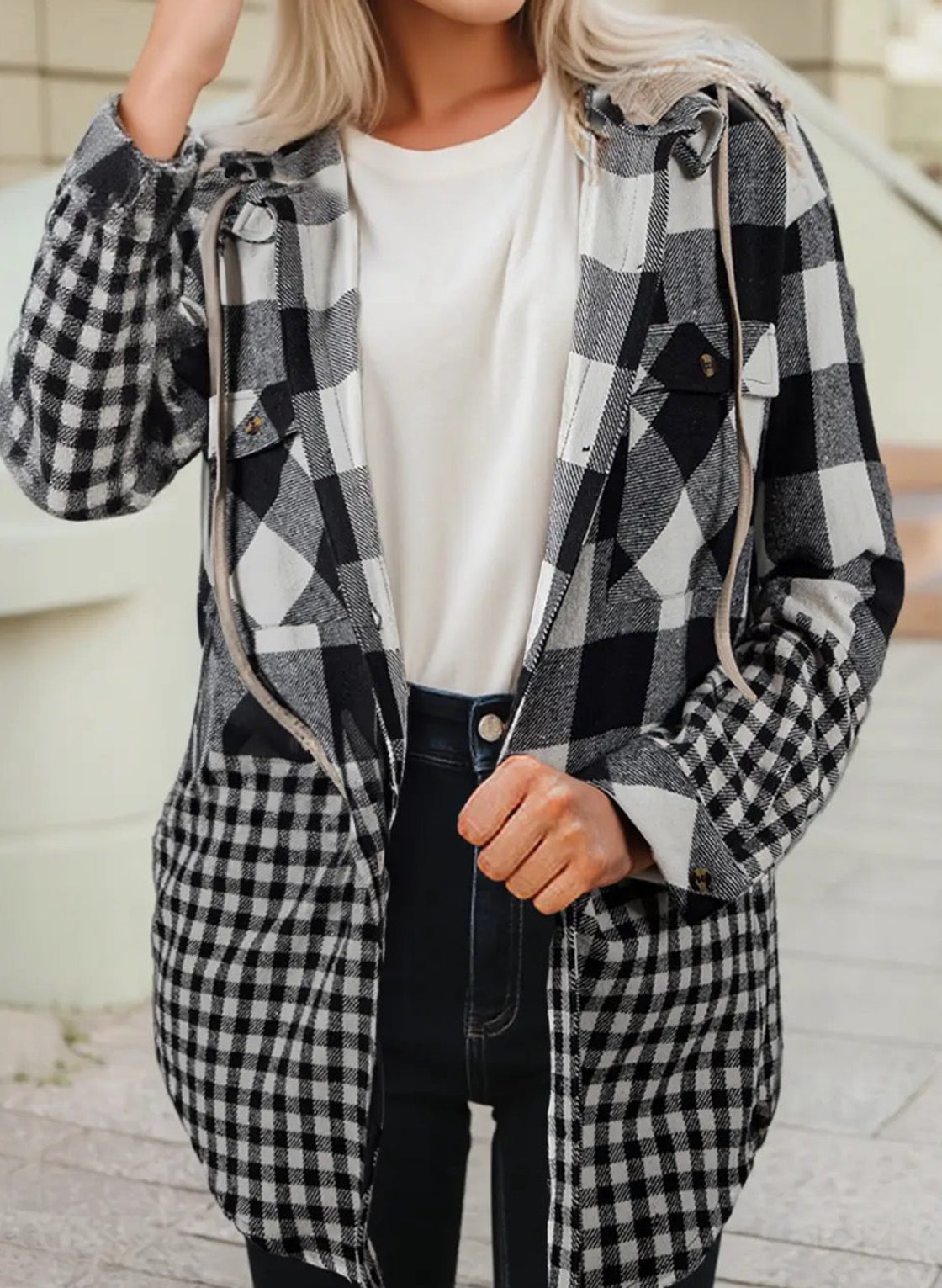 Double Plaid Patchwork Drawstring Hooded Jacket