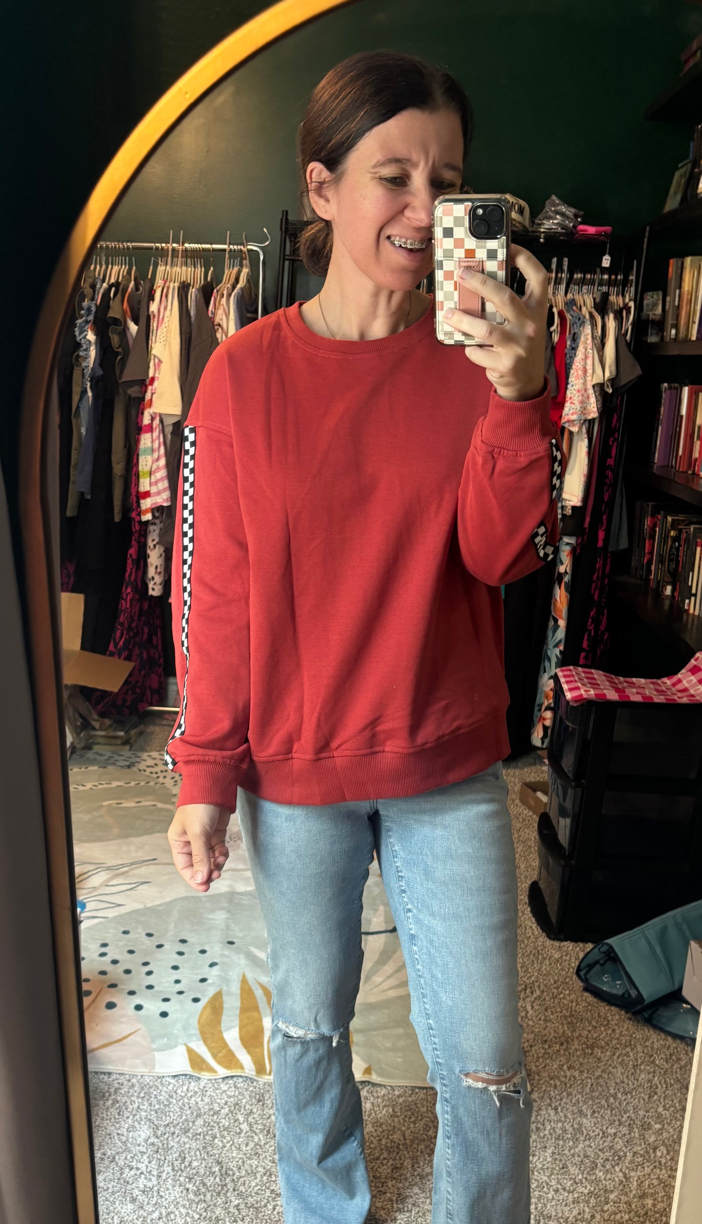 Checkered Detail Round Neck Sweatshirt