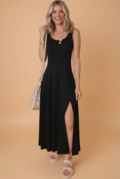 Sleeveless Flared Side Slit Midi Dress