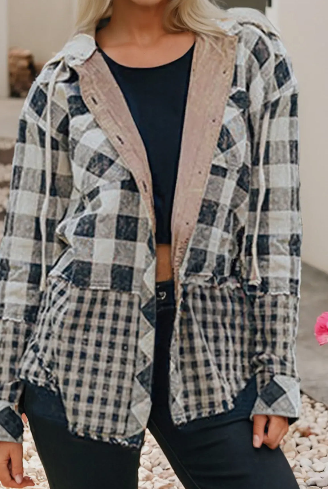 Double Plaid Patchwork Drawstring Hooded Jacket