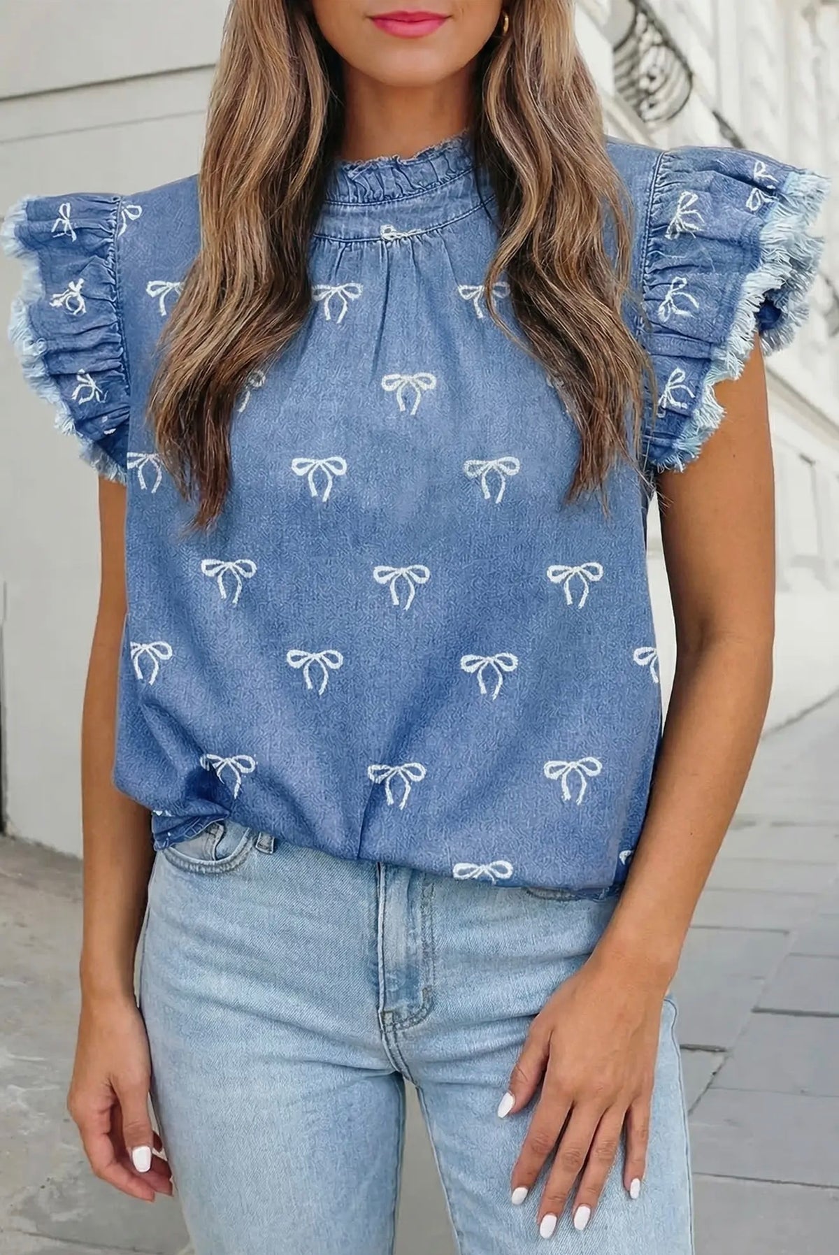 Bow Flutter Sleeve Denim Top