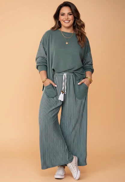 Striped Raw Seam Top & Pants Set: Plus Size!