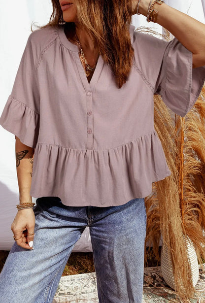 V-Neck Ruffle Sleeve Peplum Top