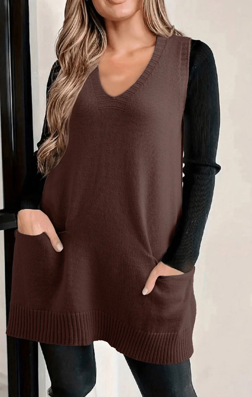 V-Neck Textured Sweater Vest Tunic