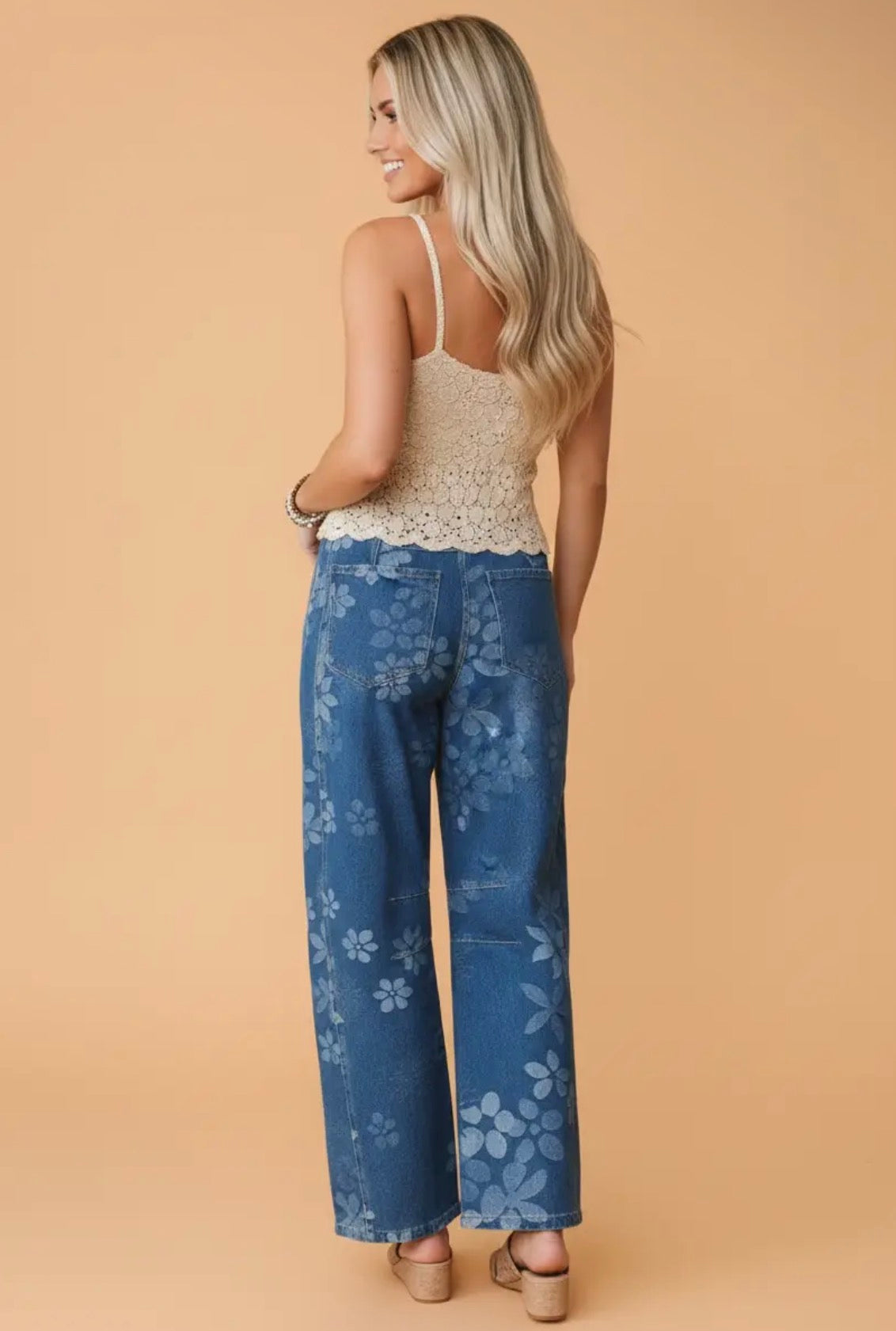 Floral Denim High Waist Barrel Jeans