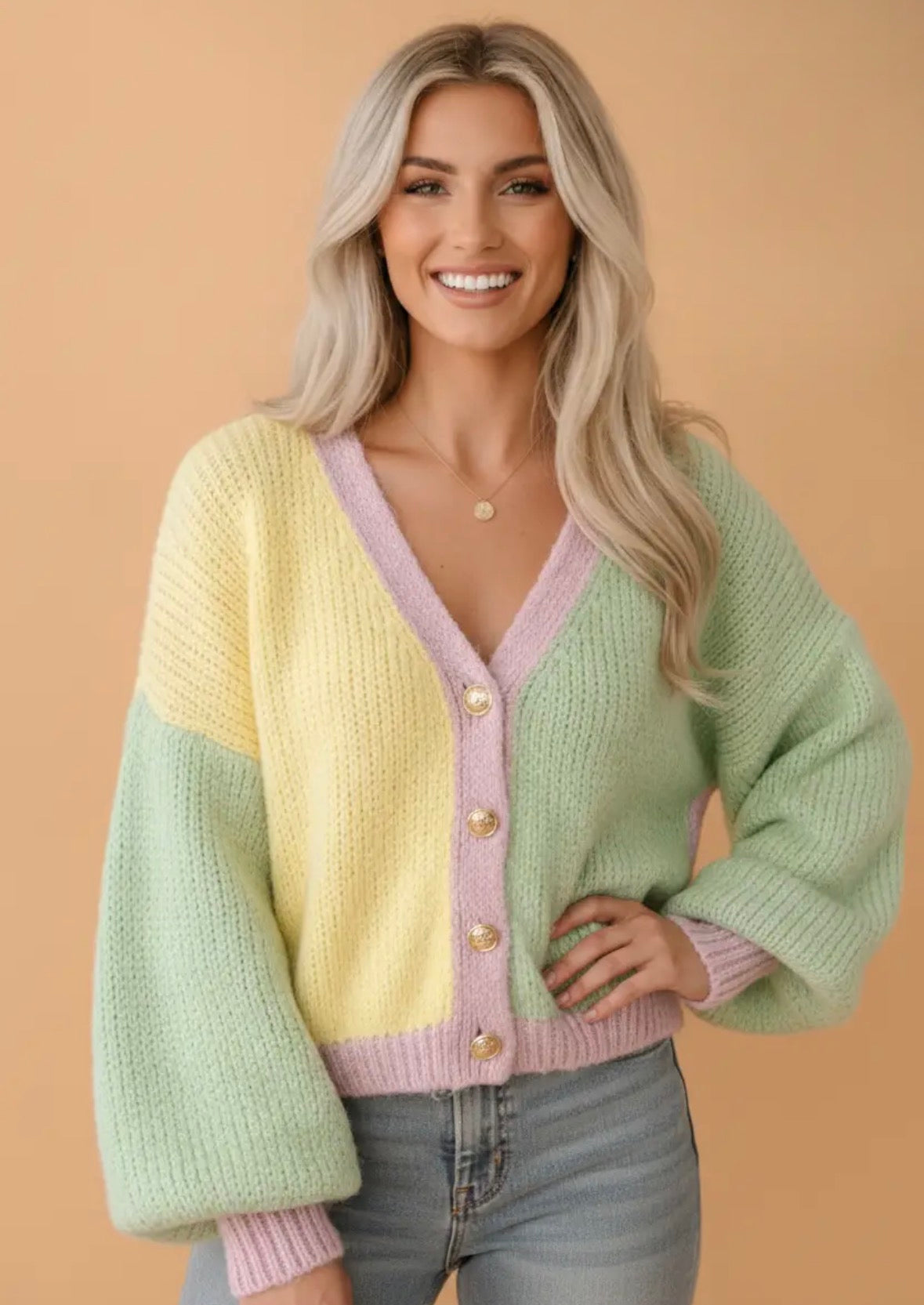 Colorblock Drop Shoulder Button Cardigan