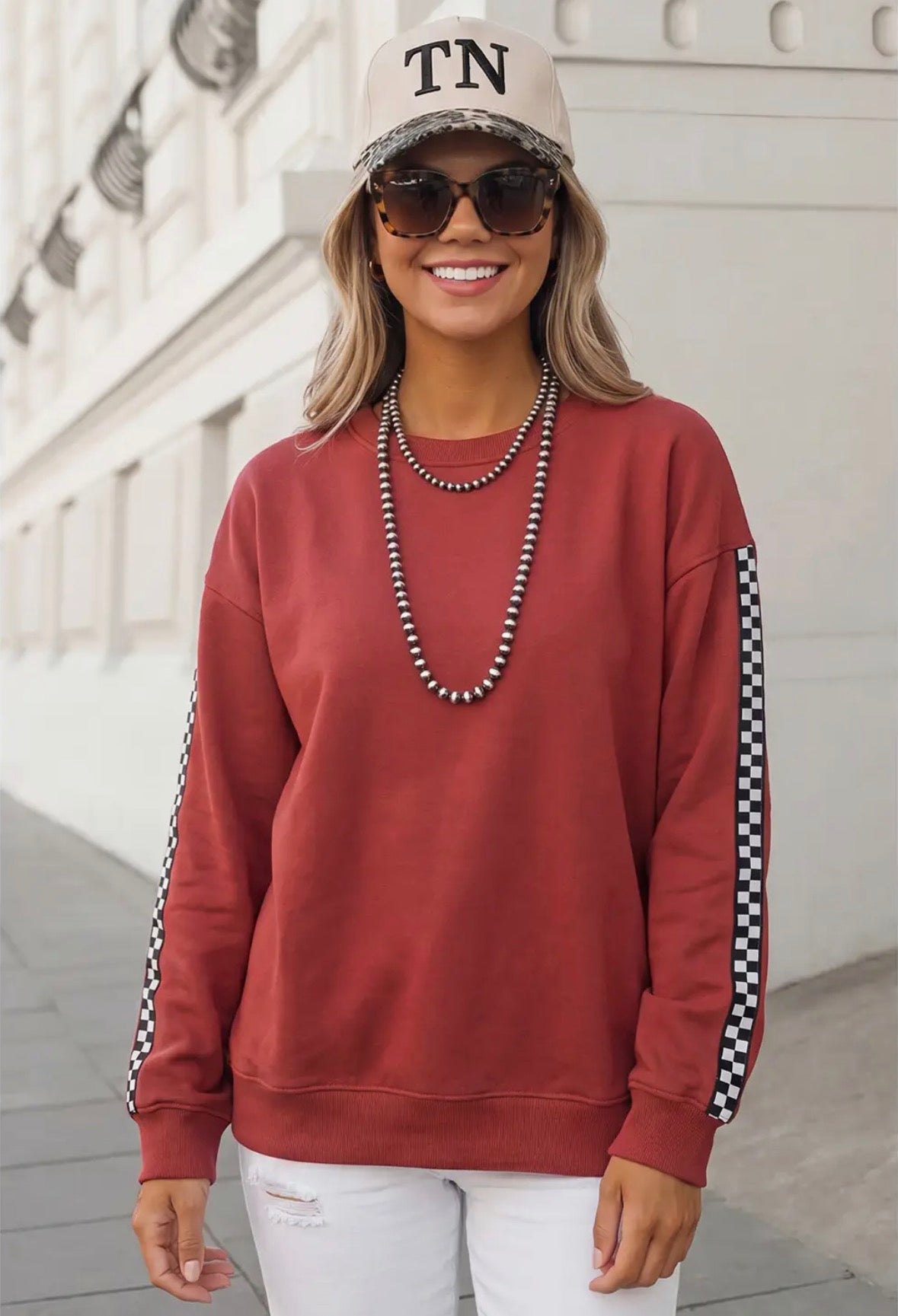 Checkered Detail Round Neck Sweatshirt