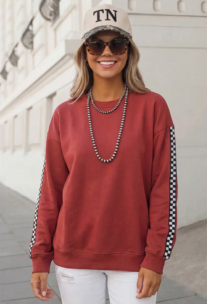 Checkered Detail Round Neck Sweatshirt