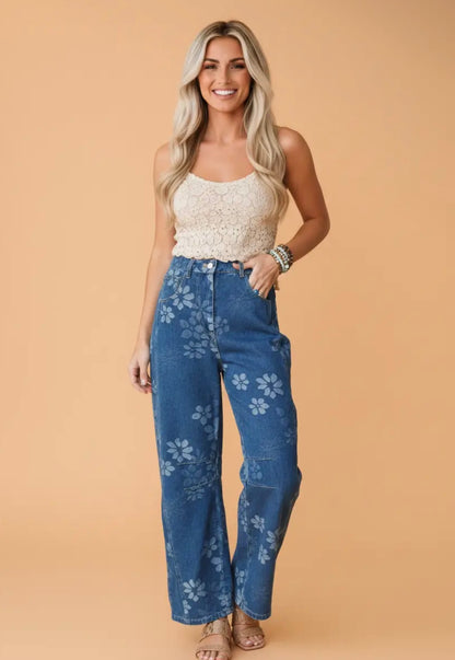Floral Denim High Waist Barrel Jeans