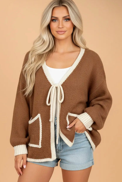 Contrast Trim Tie Front Cardigan