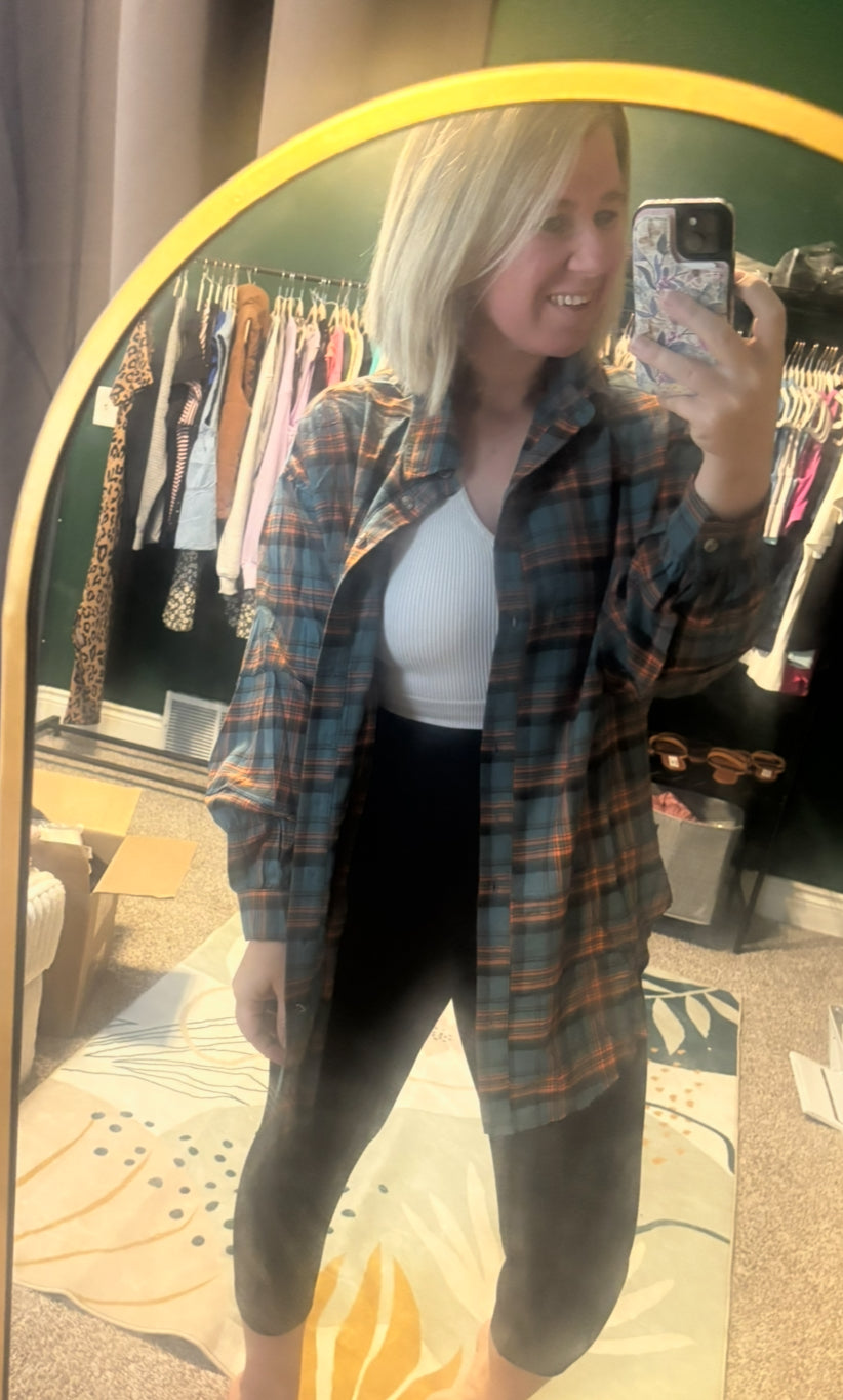 Side Split Distressed Plaid Button Up Top