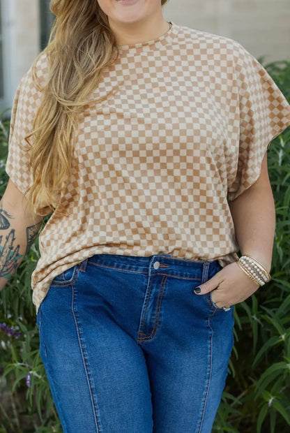 Round Neck Checkered Tee-Plus Size!