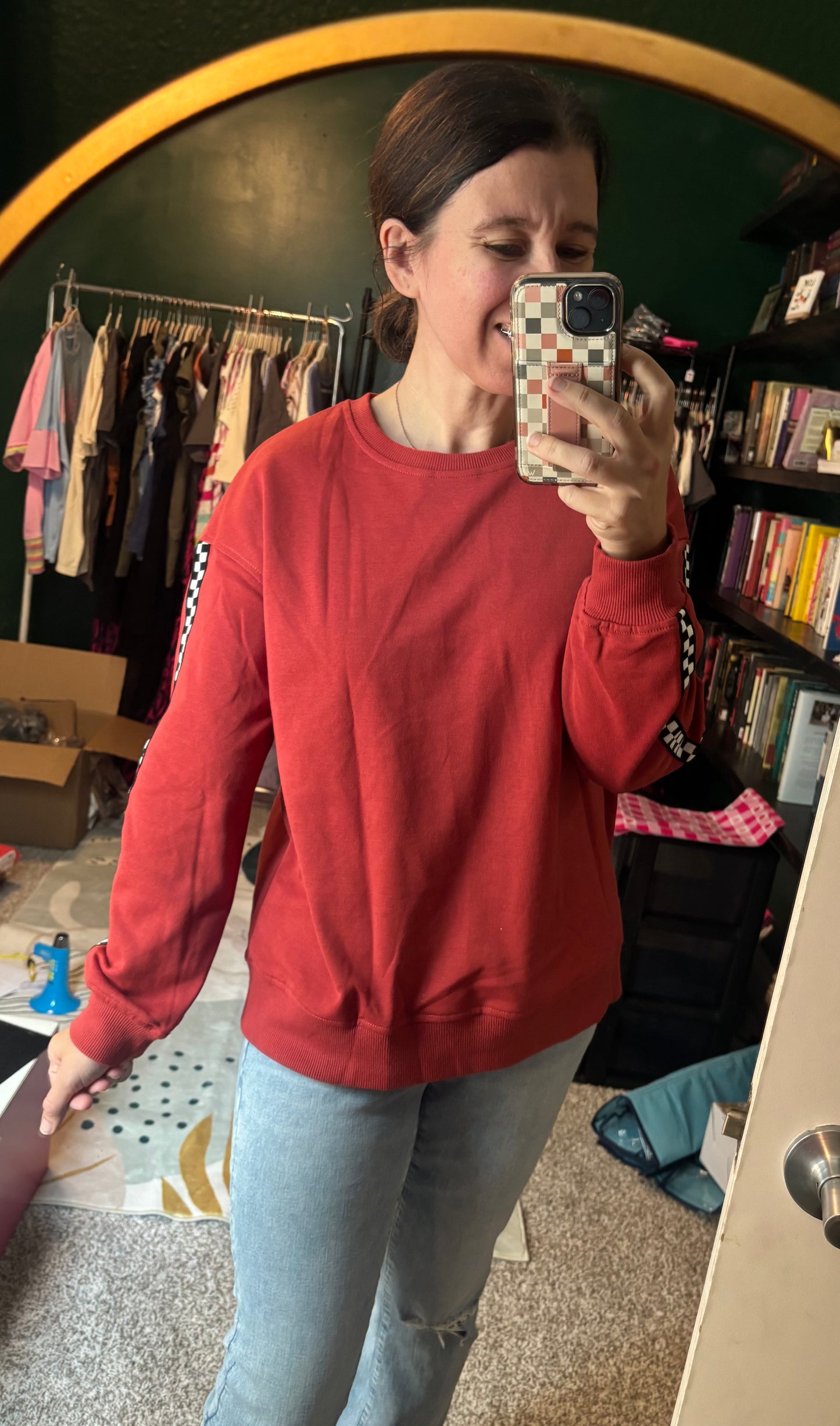 Checkered Detail Round Neck Sweatshirt