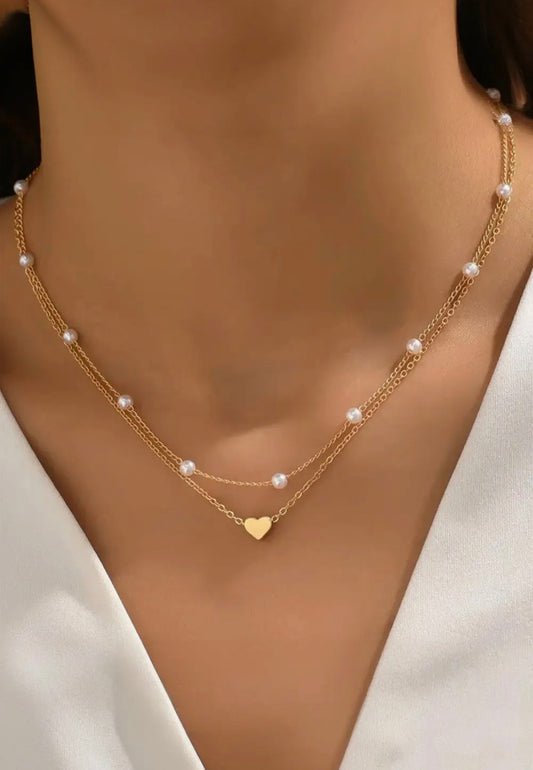 Gold Plated Heart & Pearl Layered Necklace