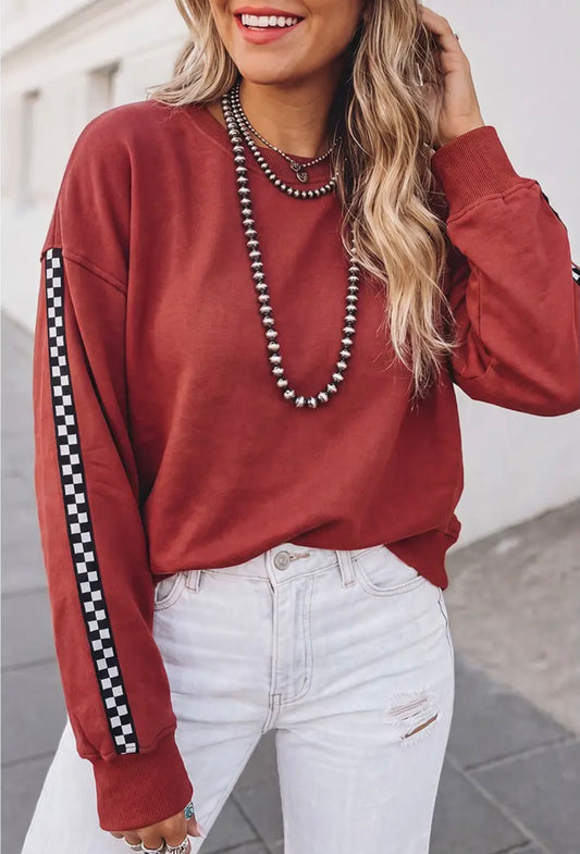 Checkered Detail Round Neck Sweatshirt