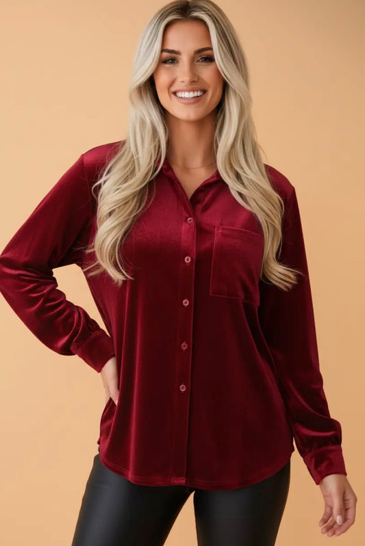 Velvet Long Sleeve Button Top