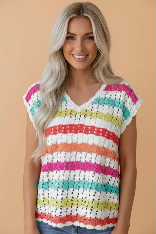 Eyelet Striped Hollow Knit Sweater