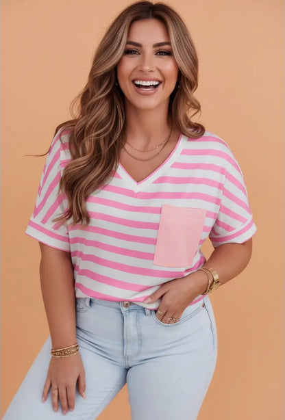 Striped Patch Pocket Tee-Plus Size!