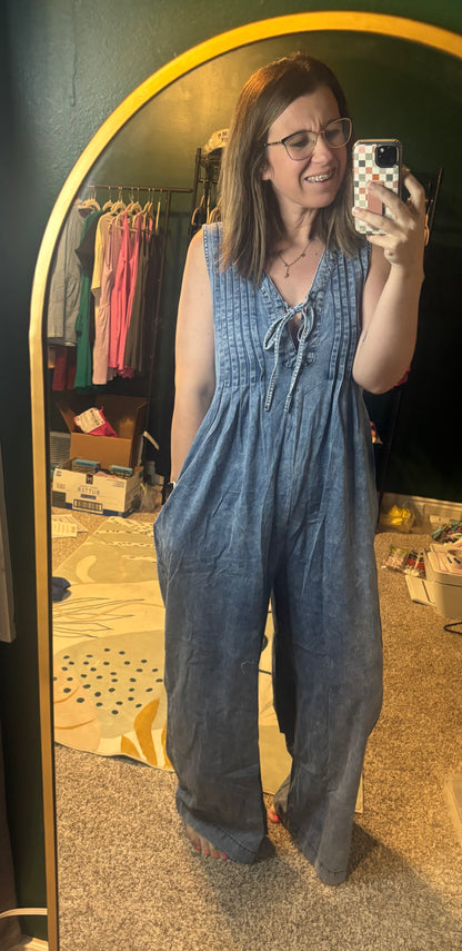 Acid Wash Tie Front Jumpsuit
