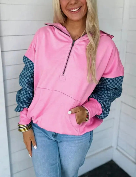 Checkered Patchwork Half Zip Kangaroo Pocket Hoodie