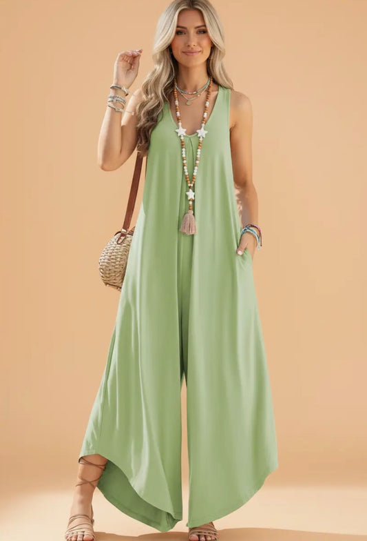 Sleeveless V-Neck Wide Leg Jumpsuit