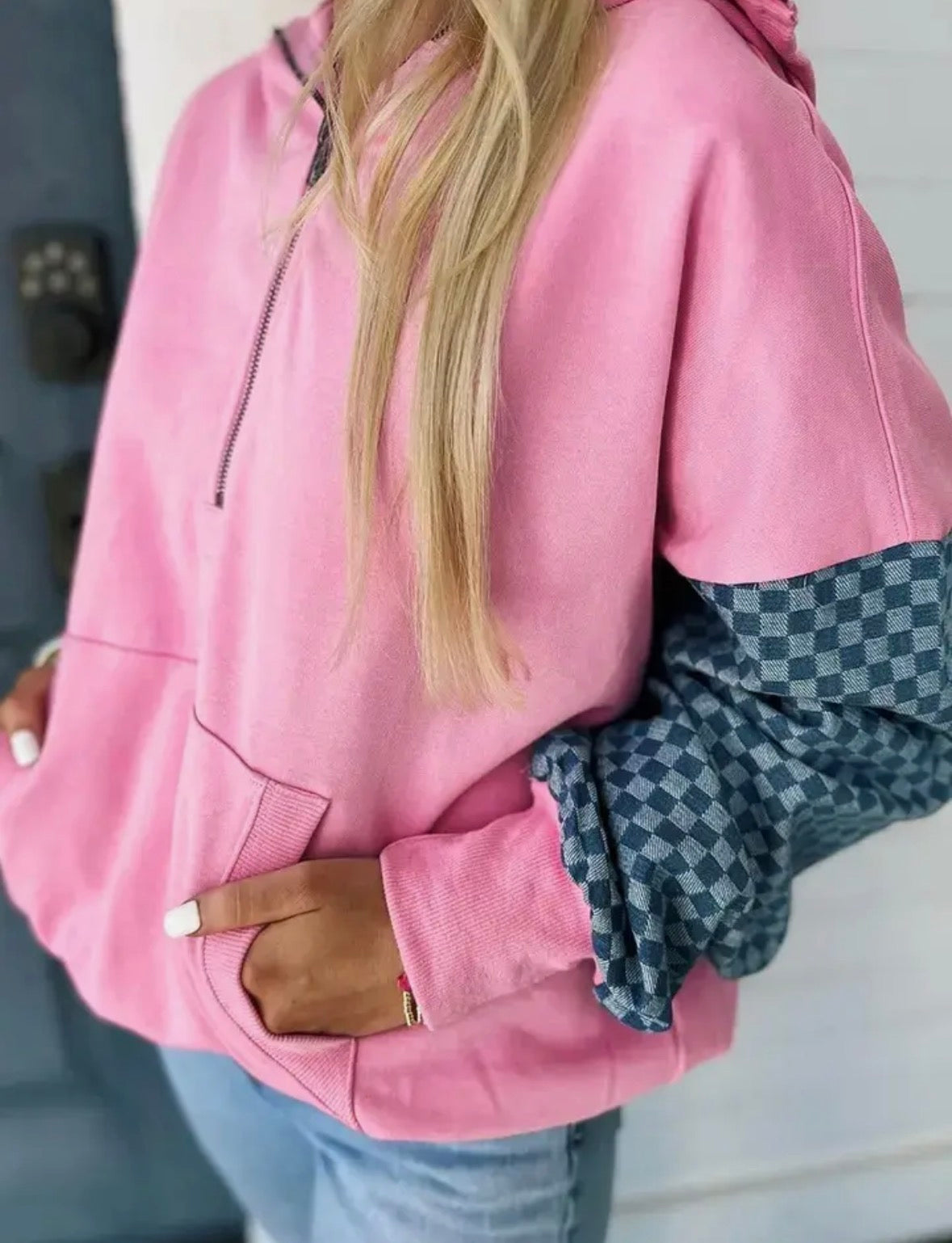 Checkered Patchwork Half Zip Kangaroo Pocket Hoodie