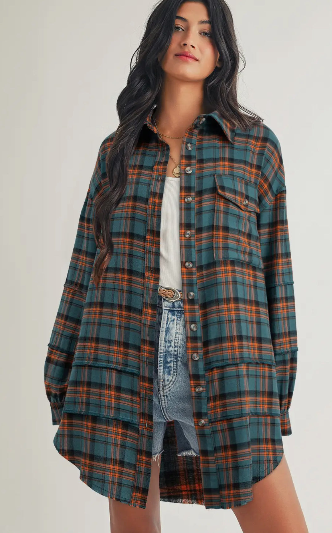 Side Split Distressed Plaid Button Up Top