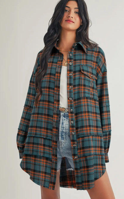 Side Split Distressed Plaid Button Up Top