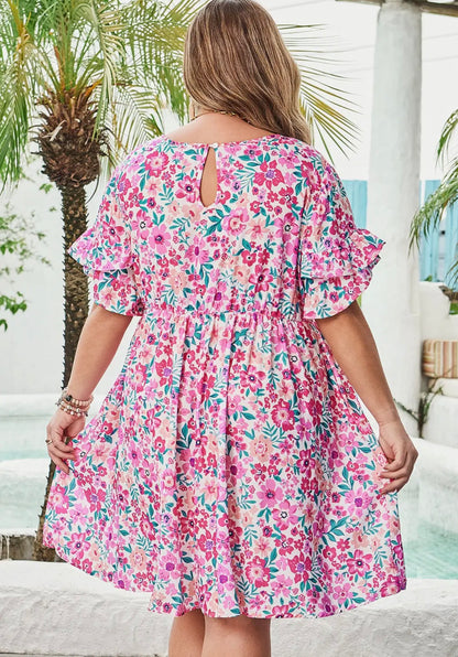 Floral Frilled Mini Dress-Plus Size!