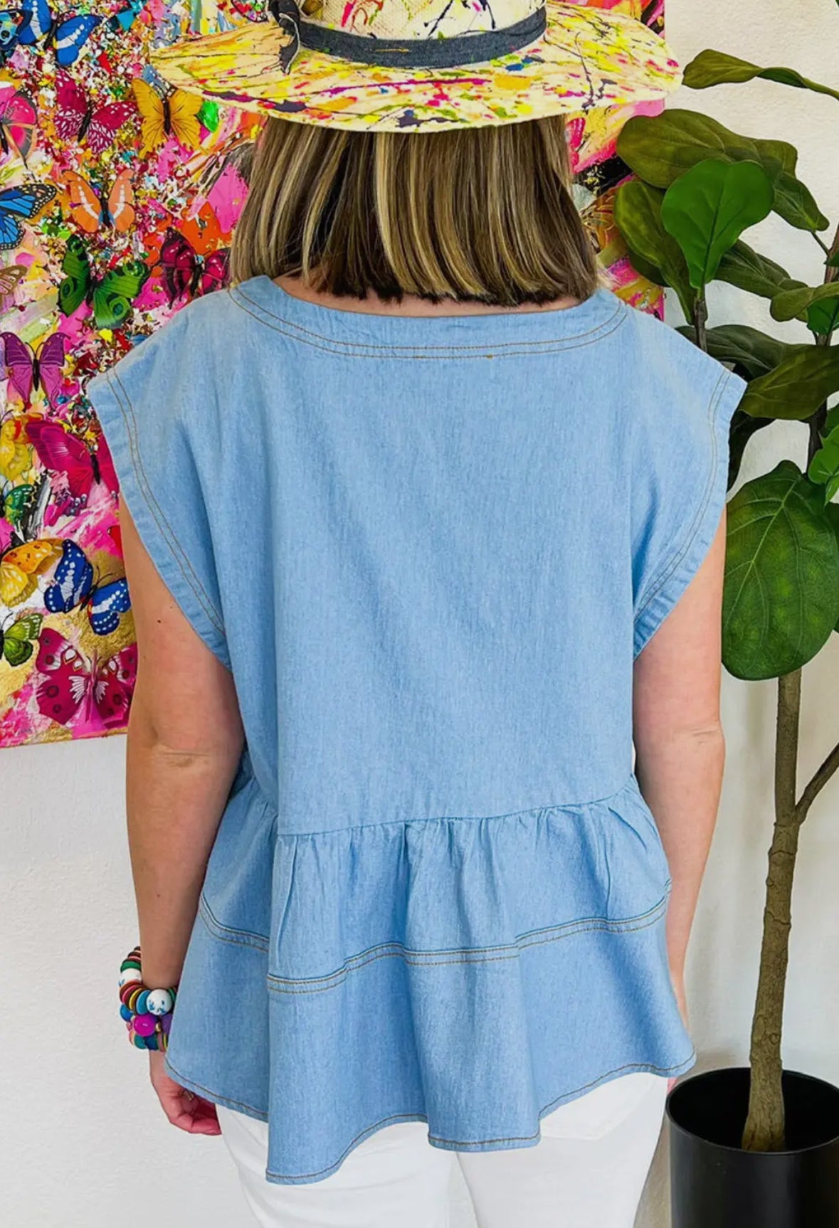 Denim Short Sleeve Peplum Top