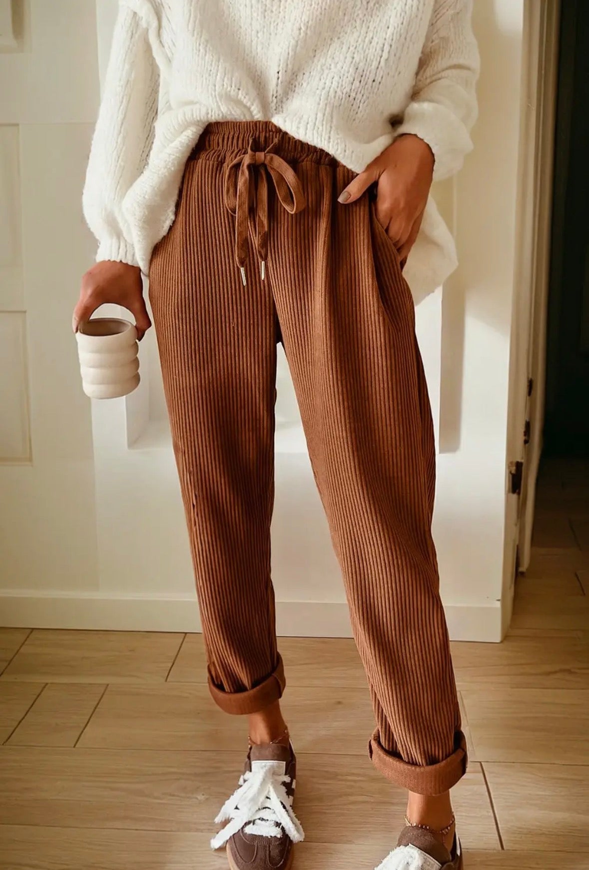 Drawstring Elastic Waist Corduroy Pants