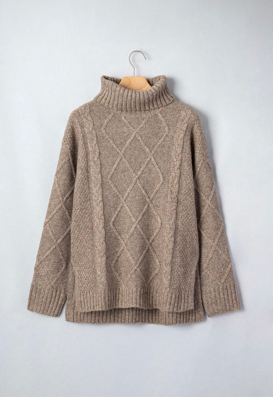 Cable Knit Turtleneck Split Hem Sweater