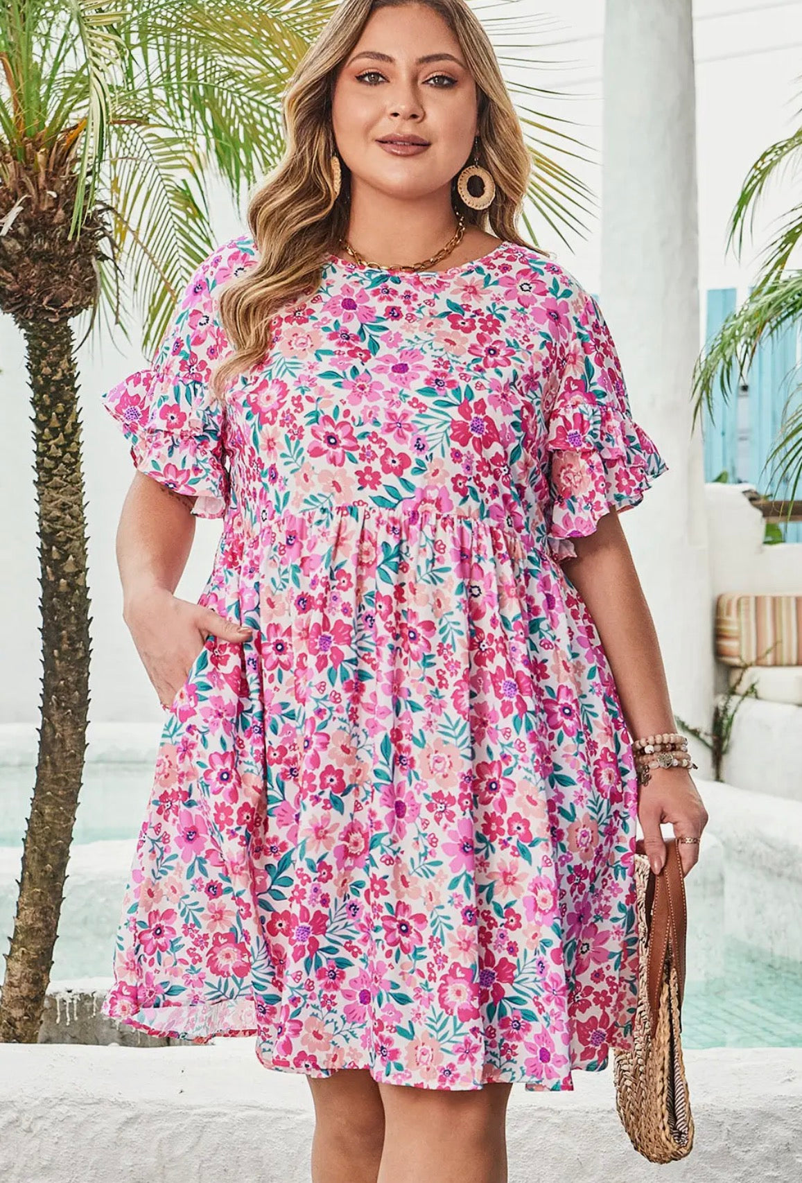 Floral Frilled Mini Dress-Plus Size!