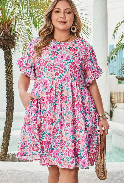 Floral Frilled Mini Dress-Plus Size!