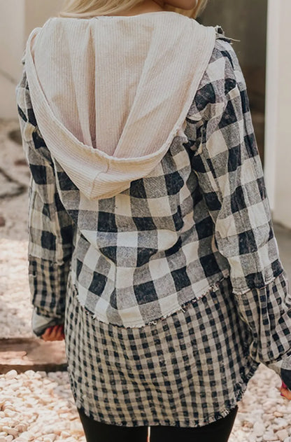 Double Plaid Patchwork Drawstring Hooded Jacket