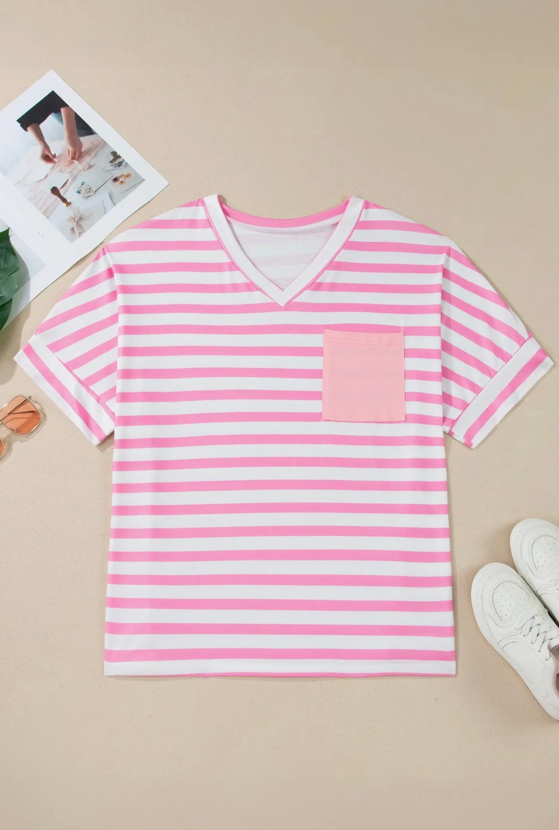 Striped Patch Pocket Tee-Plus Size!