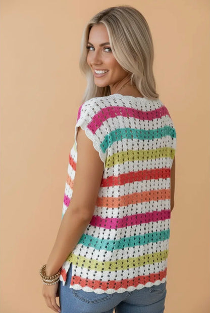 Eyelet Striped Hollow Knit Sweater